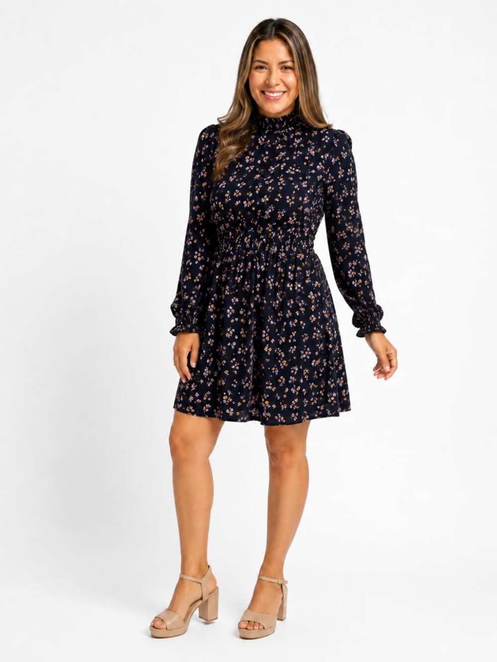 SHEIN Navy Floral Smocked Waist Mini Dress
